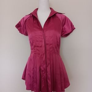 ruffled short sleeve BCBGMAXAZRIA purple button down collared blouse